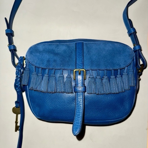 VTG Fossil Crossbody Bag Women's Kendall Blue Leather Western Boho Tassels - Picture 1 of 10
